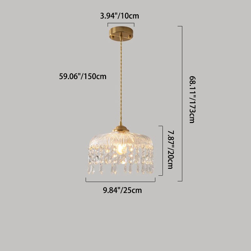 Traditional French Round Iron Copper Glass Crystal 1-Light Pendant Light For Bedroom