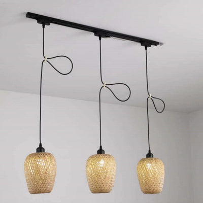 Modern Chinese Bamboo Woven Cylinder 1/3 Light Island Light Chandelier For Living Room