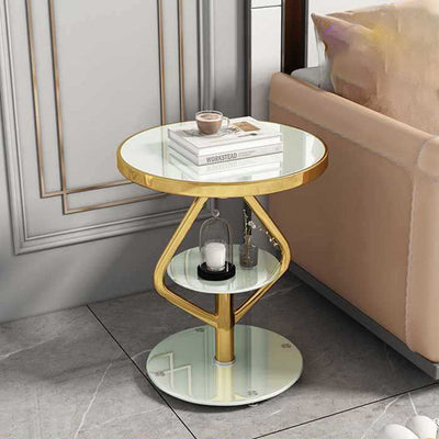 Contemporary Nordic Round Lozenge Glass Stainless Steel End Table 2-Tier For Living Room