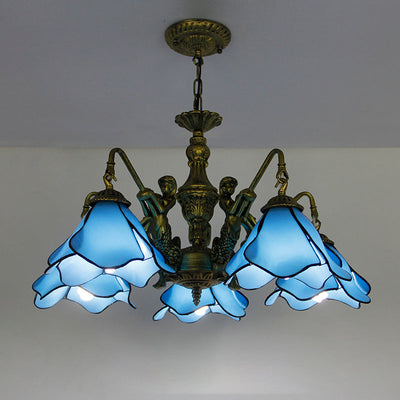 Traditional Tiffany Floral Iron Glass 3/5 Light Chandelier For Living Room