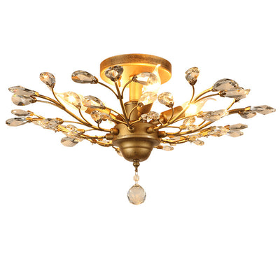 Traditional European Branch Iron Crystal 4/5/6 Light Semi-Flush Mount Ceiling Light For Living Room