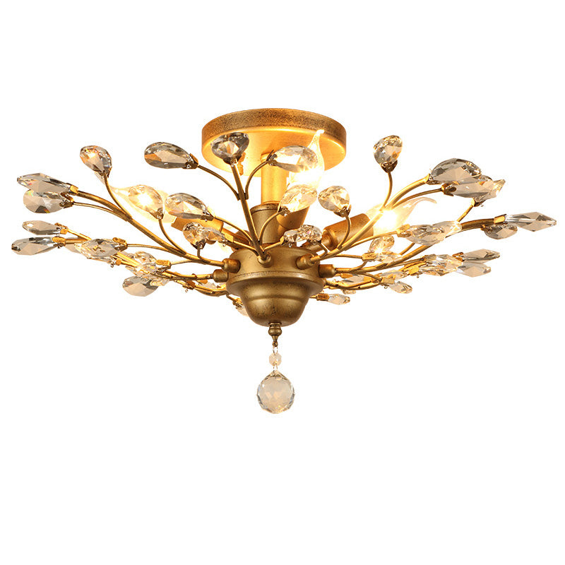 Traditional European Branch Iron Crystal 4/5/6 Light Semi-Flush Mount Ceiling Light For Living Room