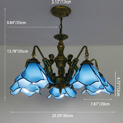 Traditional Tiffany Floral Iron Glass 3/5 Light Chandelier For Living Room