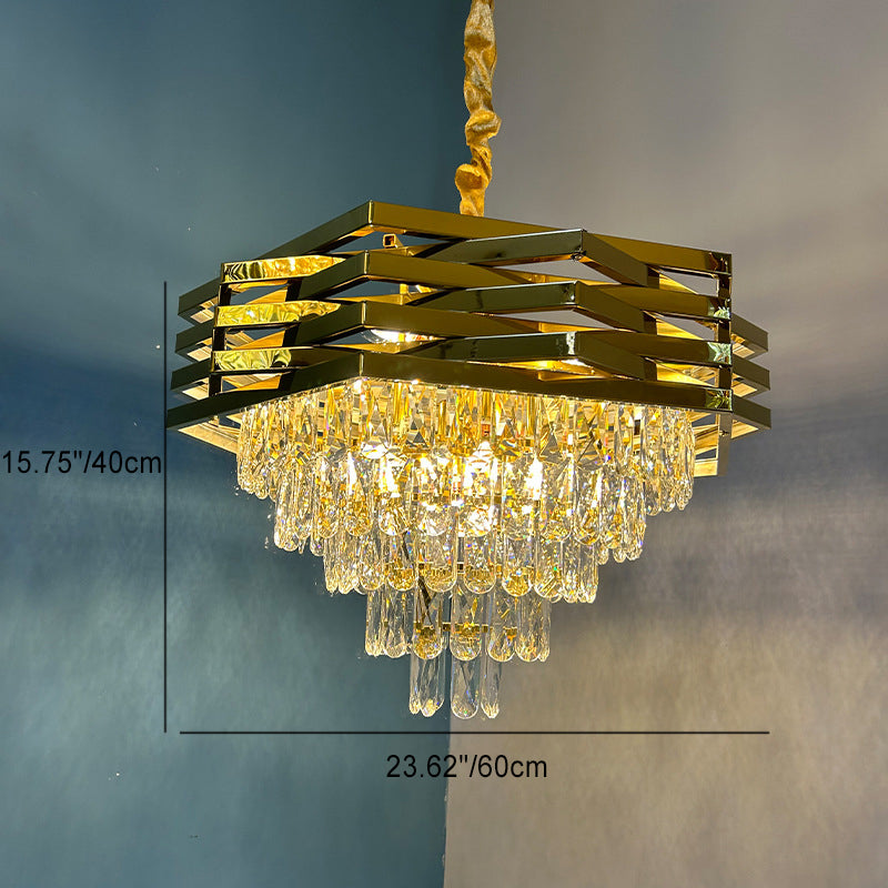 Contemporary Luxury Square Stacked Branch Crystal Metal Stainless Steel 5/7/8/9 Light Chandelier For Living Room