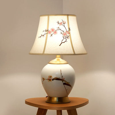 Traditional Chinese Plum Flower Embroidered Fabric Shade Ceramic Base 1-Light Table Lamp For Bedroom