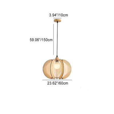 Traditional Japanese Pumpkin Round Twine Rope Wooden 1-Light Pendant Light For Bedroom