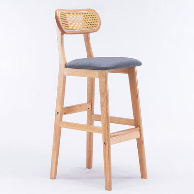 Modern Minimalist PU Leather Rattan Upholstered Rubberwood Counter Stool Open Back Footrest For Kitchen