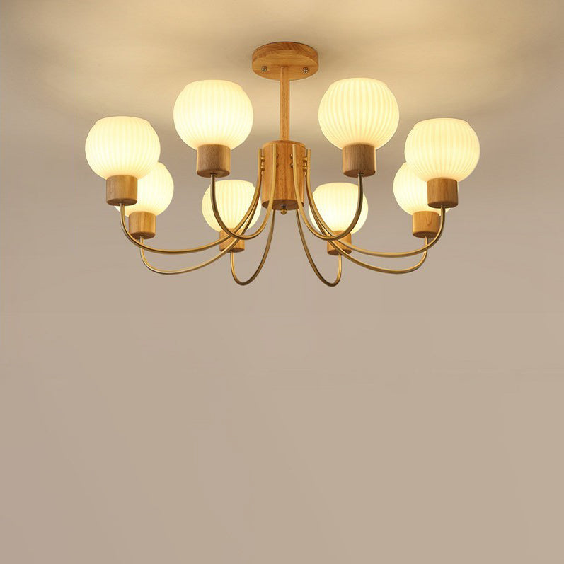 Modern Minimalist Branch Round Solid Wood Glass Hardware 6/8 Light Chandelier For Living Room