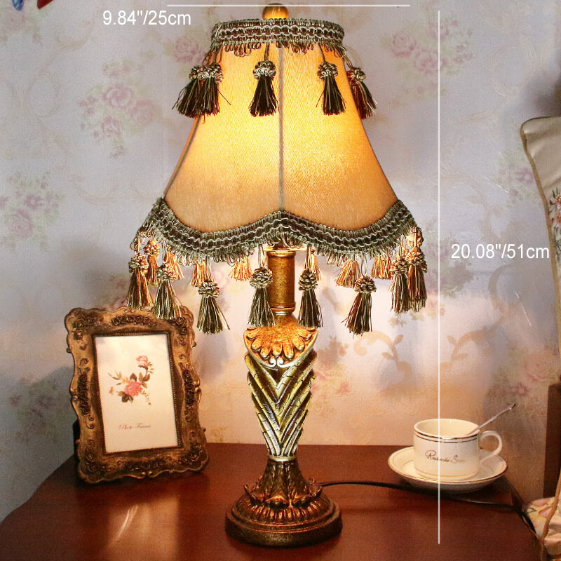 Traditional European Cylinder Carved Stripe Base Resin Fabric 1-Light Table Lamp For Bedroom