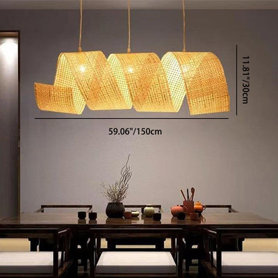 Traditional Japanese Bamboo Weaving Ribbon Shape 2/3-Light Chandelier For Dining Room