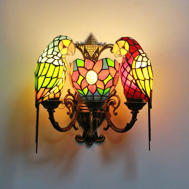 Traditional Tiffany Parrot Round Table Half Round Iron Glass 3-Light Wall Sconce Lamp For Living Room