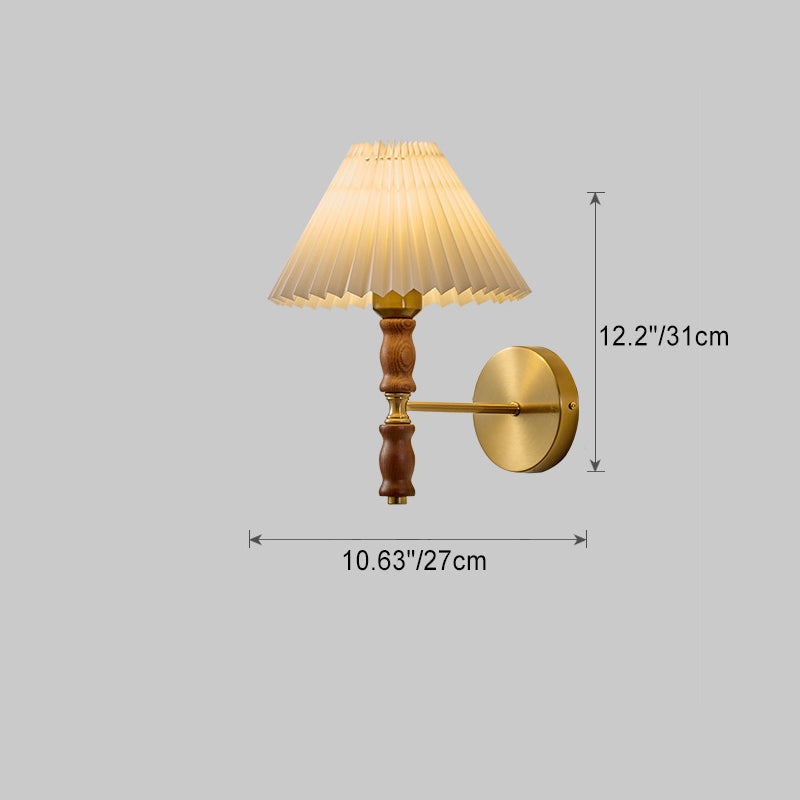 Traditional Japanese Copper Walnut Fabric Ceramic Conic Pleated 1-Light Wall Sconce Lamp For Bedside