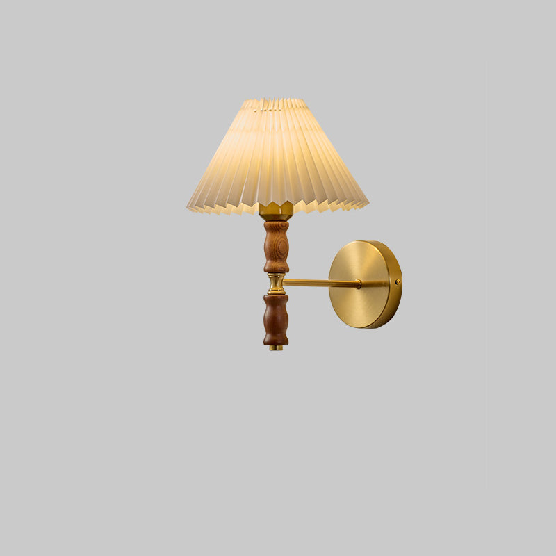 Traditional Japanese Copper Walnut Fabric Ceramic Conic Pleated 1-Light Wall Sconce Lamp For Bedside