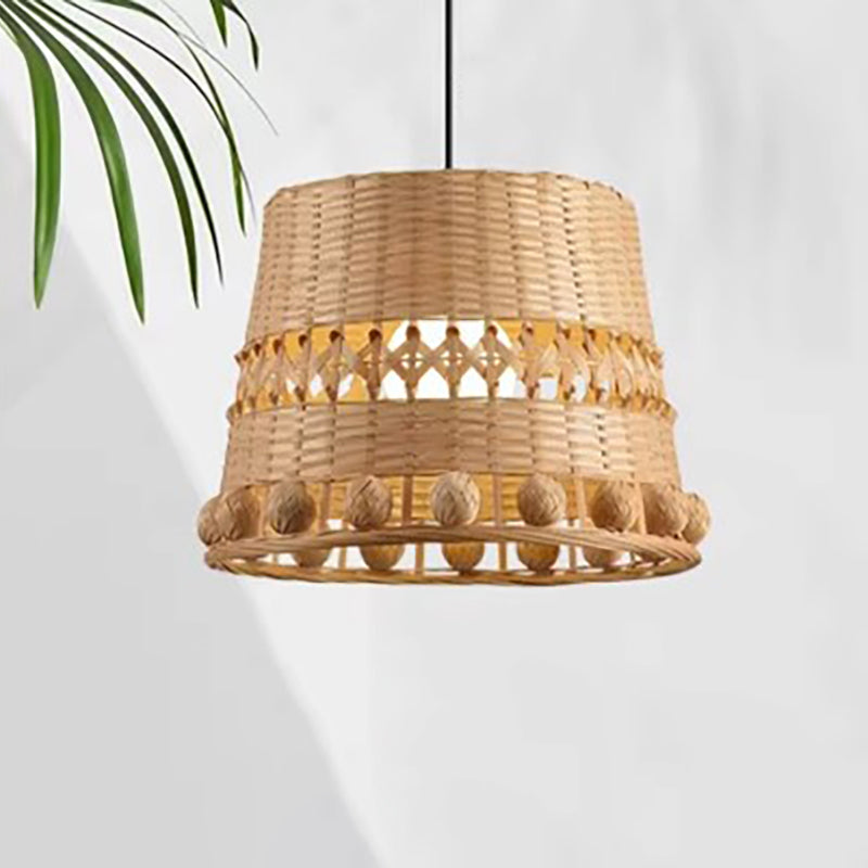 Traditional Chinese Round Dome Bamboo Weaving Hollow 1-Light Pendant Light For Living Room