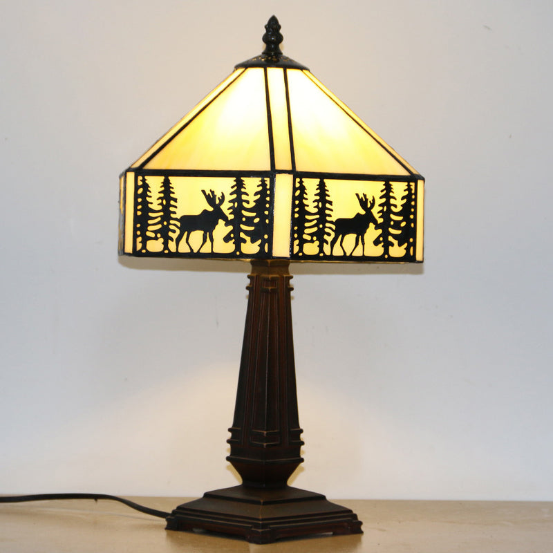 Traditional Tiffany Conic Diamond Deer Alloy Glass 1-Light Table Lamp For Study