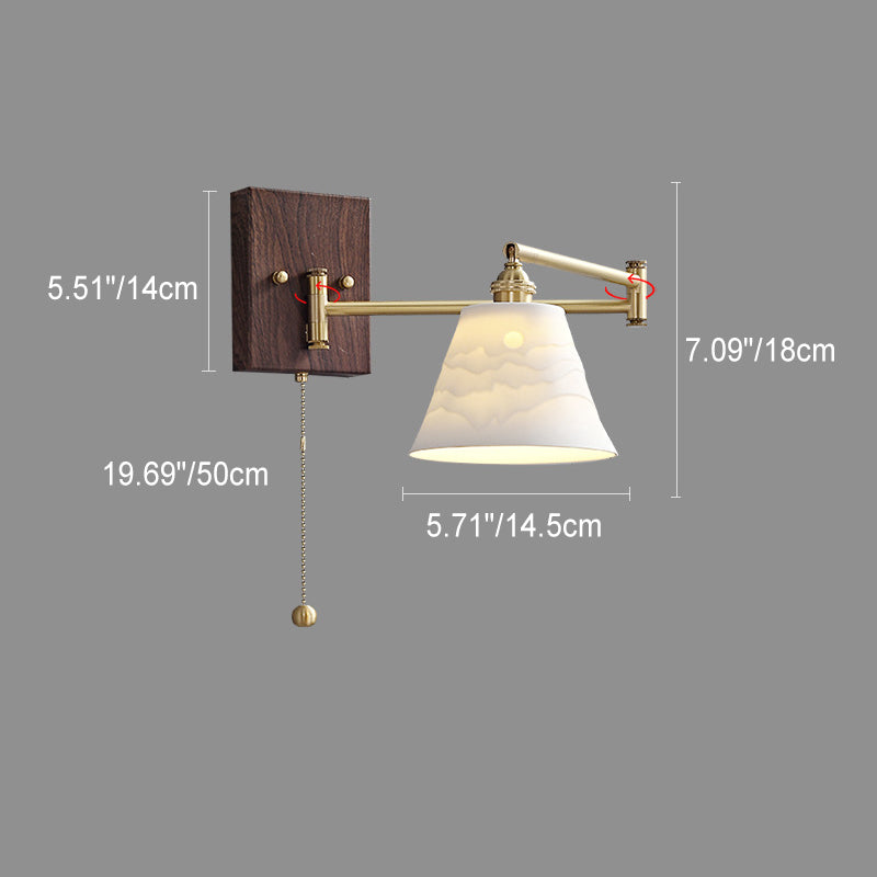 Traditional Japanese Round Cylinder Cone Swing Arm Wood Grain Full Copper Ceramic 1-Light Wall Sconce Lamp For Bedroom