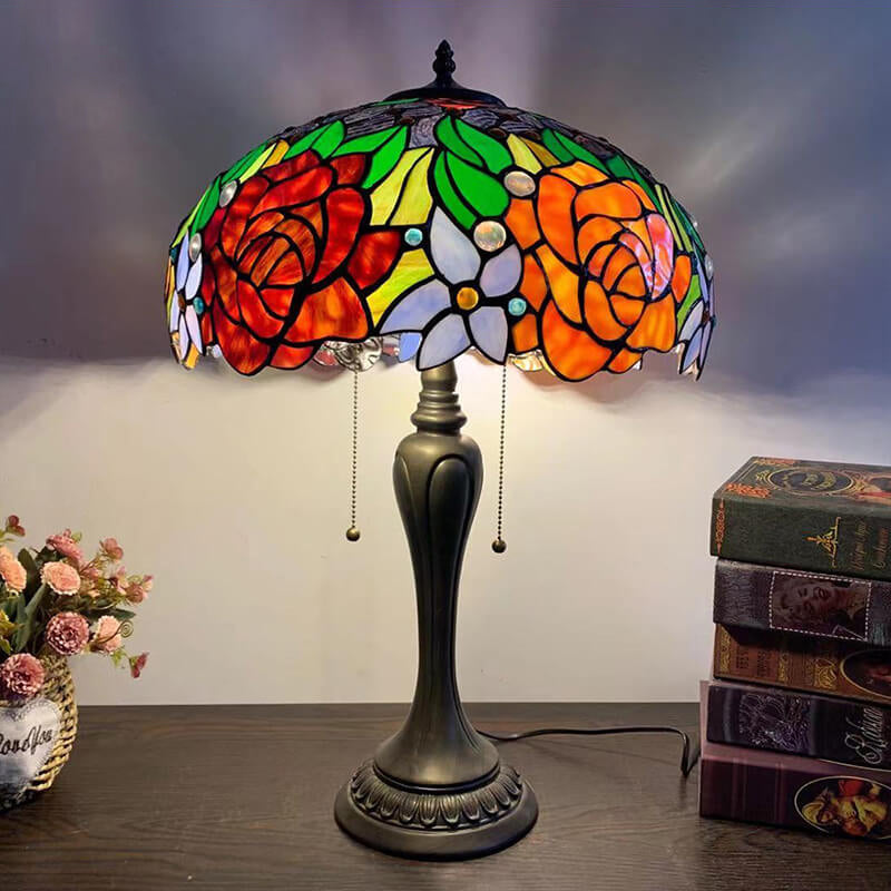 Traditional Tiffany Umbrella Flower Dragonfly Alloy Stained Glass 2-Light Table Lamp For Bedroom