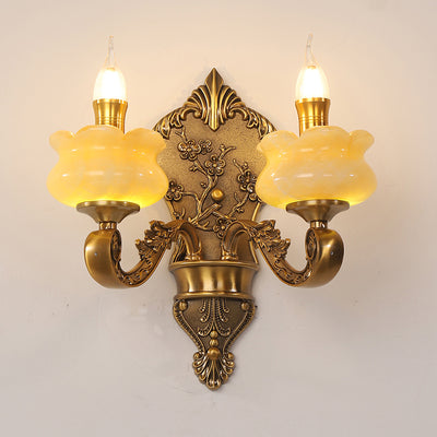 Traditional European Candlestick Holder Floral Zinc Alloy Jade Crystal 2-Light Wall Sconce Lamp For Living Room