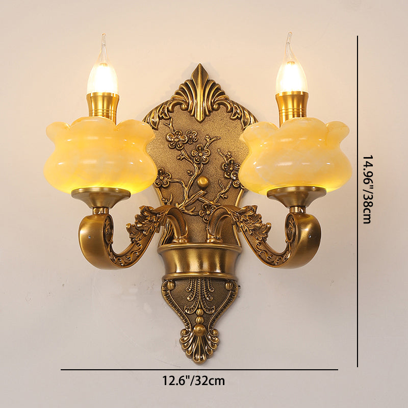 Traditional European Candlestick Holder Floral Zinc Alloy Jade Crystal 2-Light Wall Sconce Lamp For Living Room