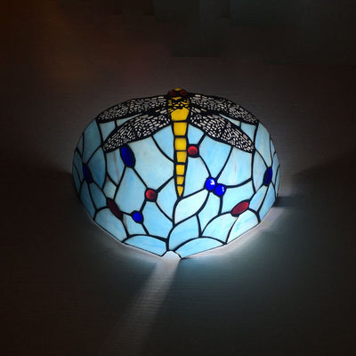 Traditional Tiffany Alloy Glass Diamond Semicircular Flower Dragonfly 1-Light Wall Sconce Lamp For Hallway