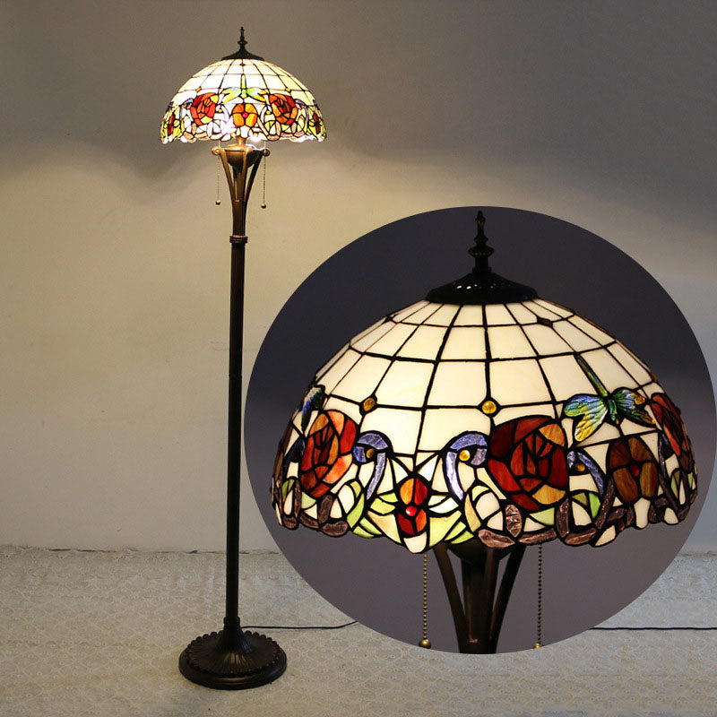 Traditional Tiffany Resin Glass Semicircular Dome Cow Diamond Flower 2-Light Standing Floor Lamp For Dining Room