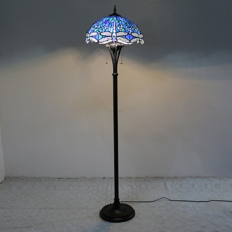 Traditional Tiffany Mediterranean Dragonfly Stained Glass Dome Shade 2-Light Standing Floor Lamp For Home Office