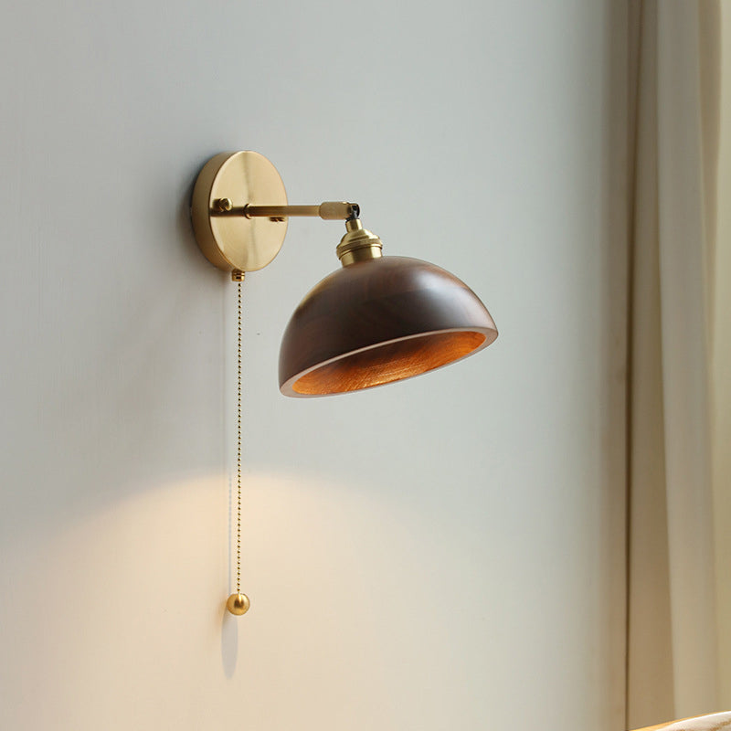 Contemporary Scandinavian Round Cone Dome Copper Wood 1-Light Wall Sconce Lamp For Bedroom