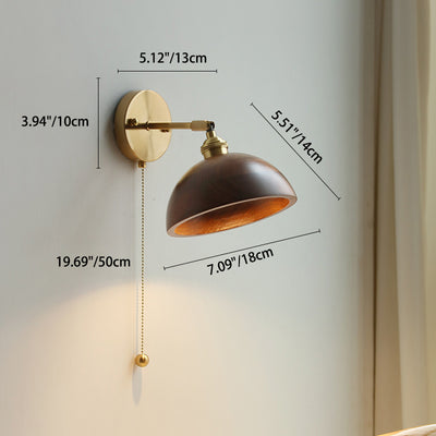 Contemporary Scandinavian Round Cone Dome Copper Wood 1-Light Wall Sconce Lamp For Bedroom