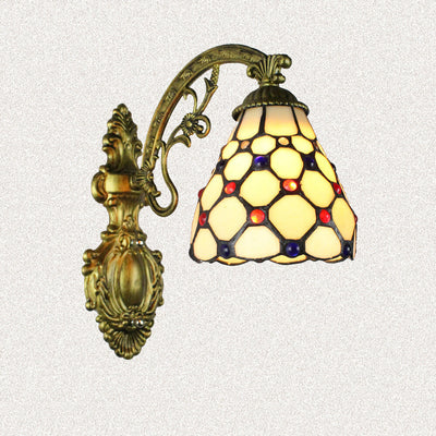 Traditional Tiffany Flower Cup Iron Stained Glass 1-Light Wall Sconce Lamp For Living Room