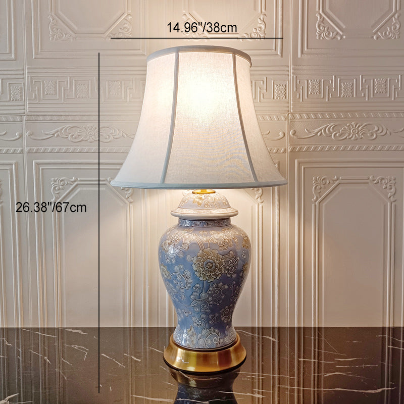 Traditional Chinese Cylinder Bird And Flower Ceramic Fabric 1-Light Table Lamp For Bedroom