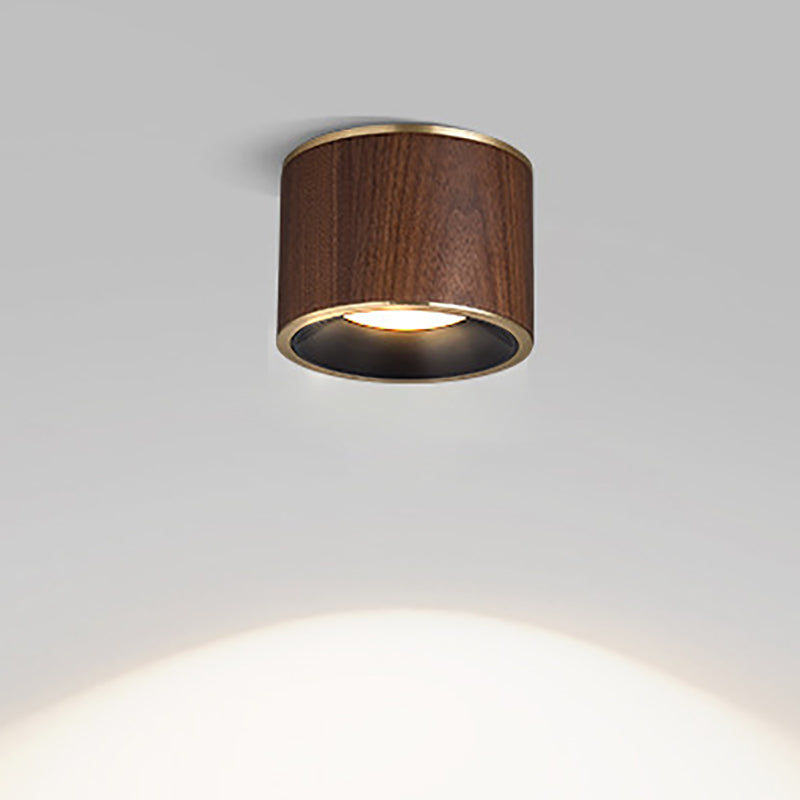 Traditional Chinese Walnut Aluminum Round Cylinder LED Flush Mount Ceiling Light For Hallway