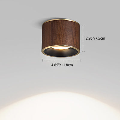 Traditional Chinese Walnut Aluminum Round Cylinder LED Flush Mount Ceiling Light For Hallway