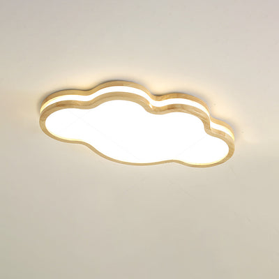 Contemporary Nordic Kids Rubber Wood Glass Star Cloud Moon LED Flush Mount Ceiling Light For Bedroom