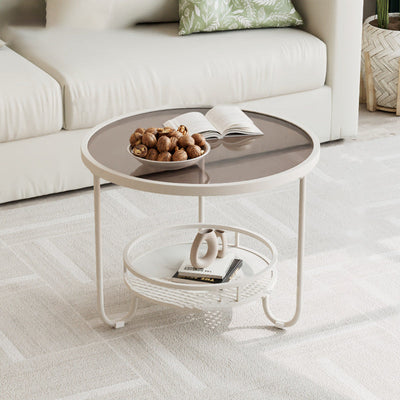 Modern Simplicity Round Striped Glass Slab Metal Coffee Table 2-Tier For Living Room