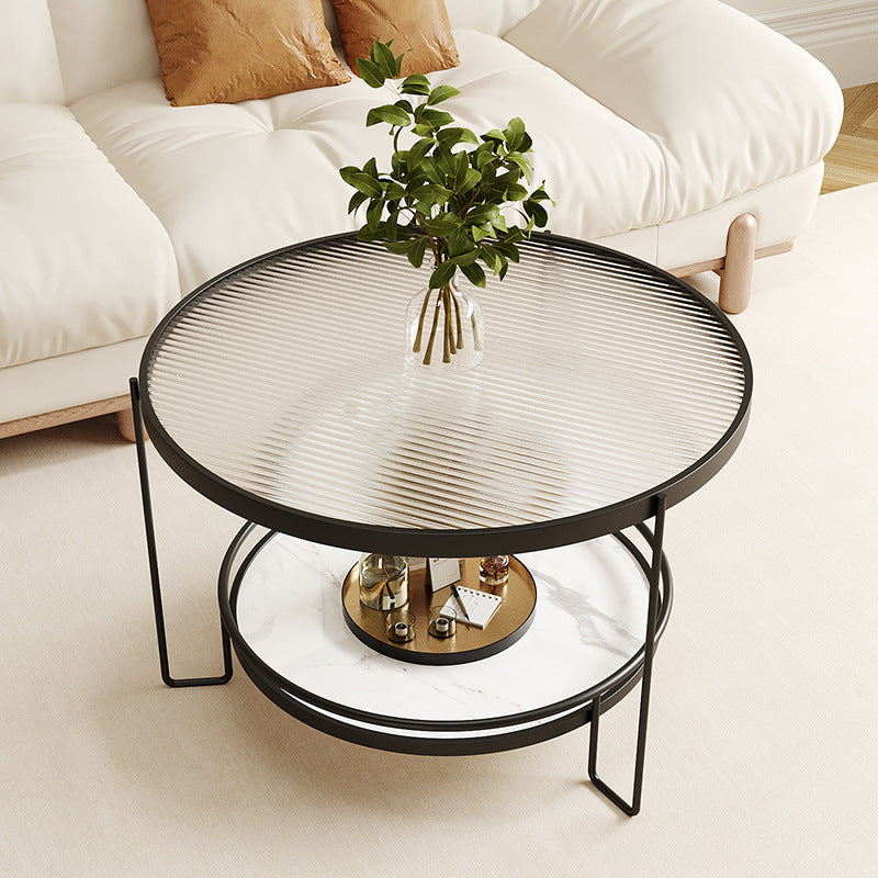 Modern Minimalist Round Glass Rock Slab Iron Coffee Table 2-Tiers For Living Room