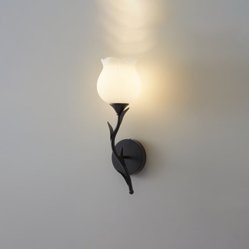 Modern Minimalist Cream Flower Iron Glass 1/2 Light Wall Sconce Lamp For Bedroom