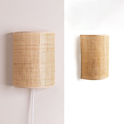 Traditional Japanese Half Cylinder Rattan 1-Light Wall Sconce Lamp For Living Room