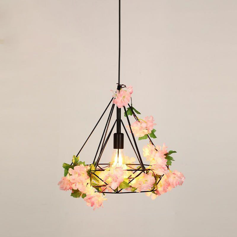 Contemporary Retro Iron Hemp Rope Simulated Greenery Diamond Sakura Leaf 1-Light Pendant Light For Dining Room