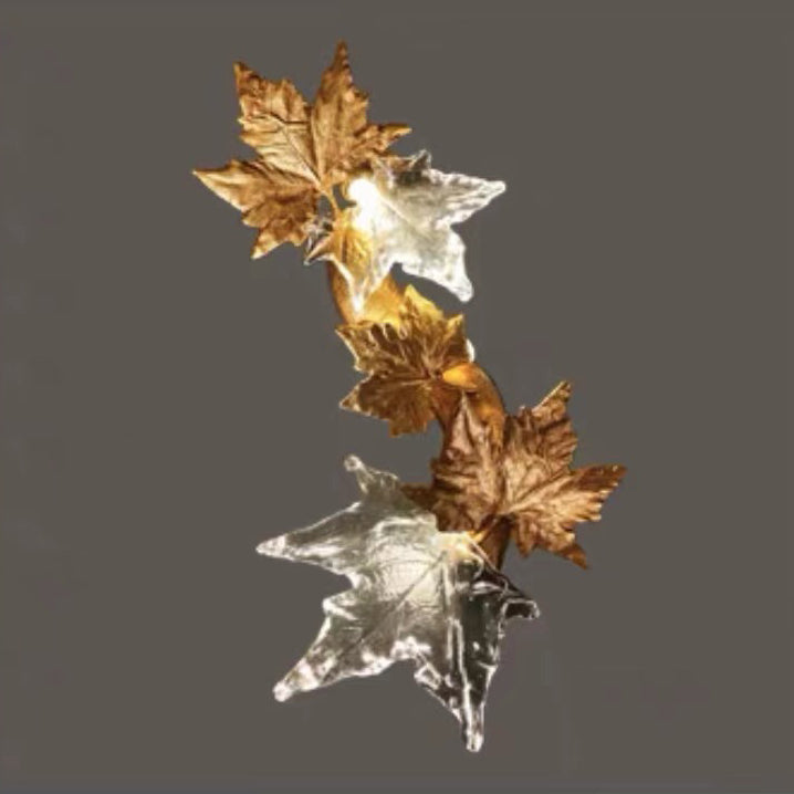 Contemporary Creative Copper Glass Splicing Maple Leaves Design 2-Light Wall Sconce Lamp For Living Room