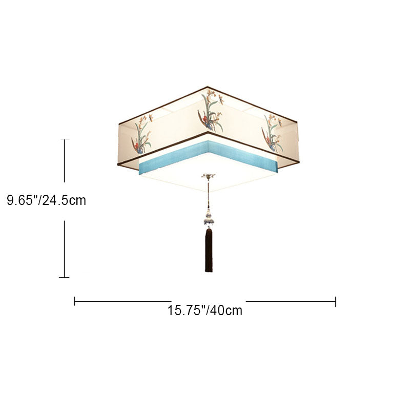 Traditional Chinese Iron Embroidered Fabric Shade 4-Light Flush Mount Ceiling Light For Bedroom