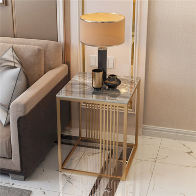 Modern Minimalist Square Rock Slab Metal Side Table For Living Room