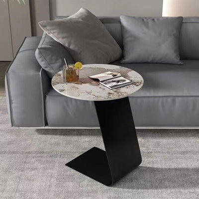 Contemporary Scandinavian Round Rock Slab Iron Round Curved Base Coffee Table For Living Room