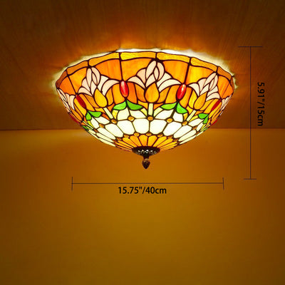 Traditional Tiffany Tulip Stained Glass Iron Dome 2/3-Light Flush Mount Ceiling Light For Living Room