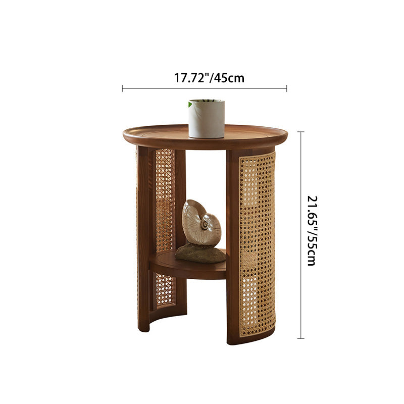 Traditional Japanese Round Rattan Wood Marble Coffee Table 2-Tier For Living Room