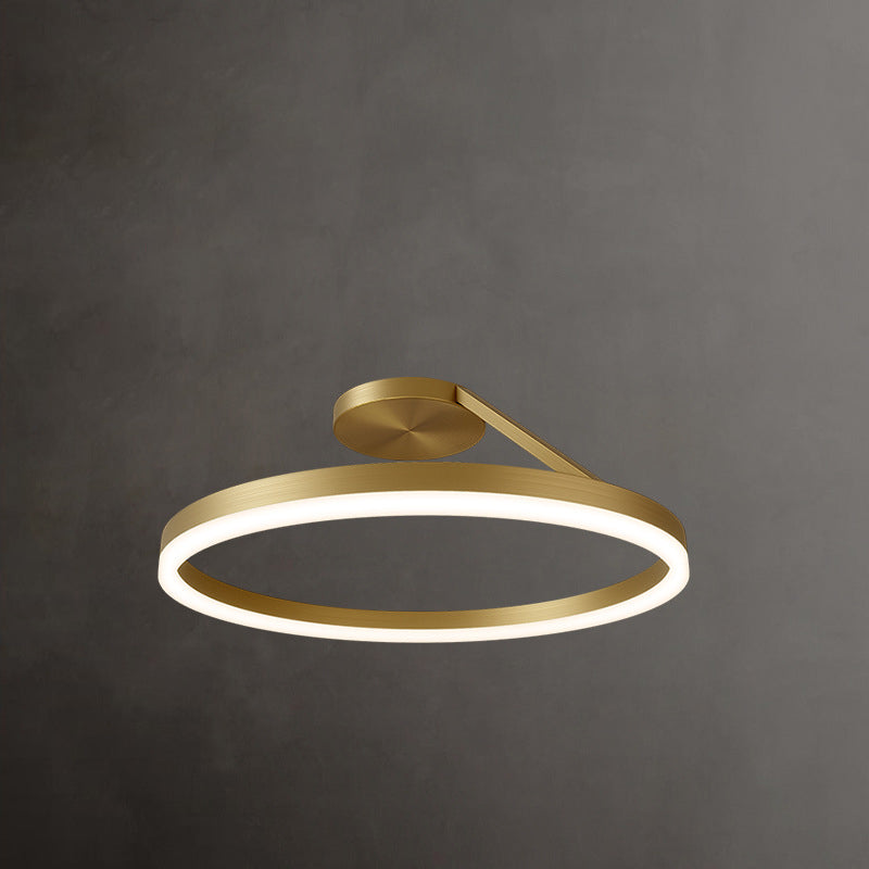 Modern Minimalist Full Copper Curved Line Round Shade LED Semi-Flush Mount Ceiling Light For Living Room