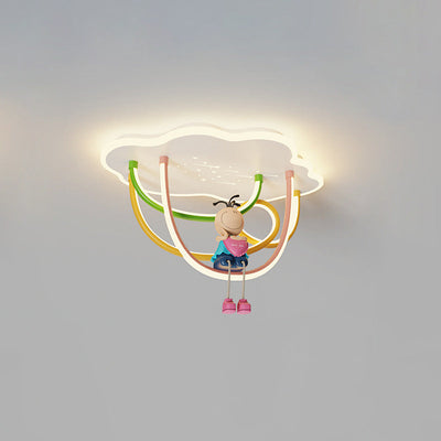 Contemporary Creative Cartoon Astronaut Cloud Iron Aluminum Rainbow Curve LED Kids Flush Mount Ceiling Light For Bedroom