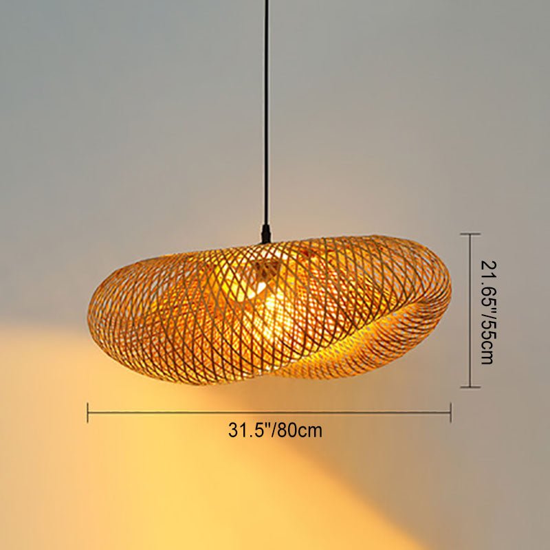 Traditional Japanese Straw Hat Bamboo Weaving Iron 1-Light Pendant For Dining Room