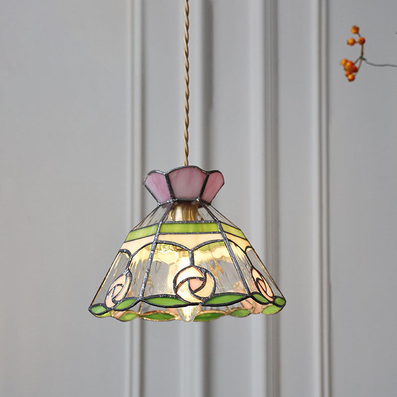 Contemporary Retro Brass Glass Conic Rose Tulip 1-Light Pendant Light For Dining Room