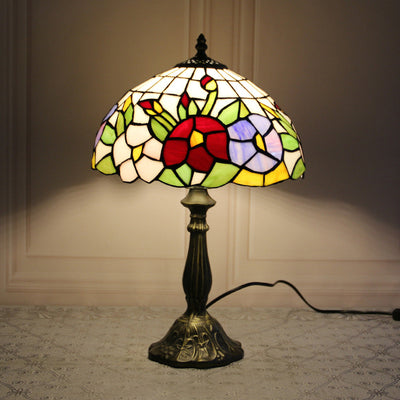 Traditional Tiffany Stained Glass Dome Shade Lotus Alloy Base 1-Light Table Lamp For Bedroom