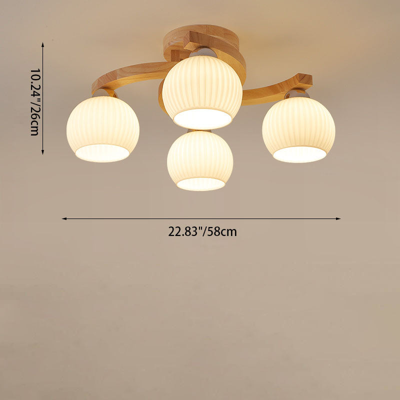 Traditional Japanese Solid Wood Striped Glass Round Shade Branch 3/4/6 Light Semi-Flush Mount Ceiling Light For Living Room